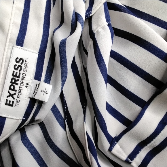 Express Women's Navy and White Stripe Button Down Women's Blouse. - Picture 5 of 5